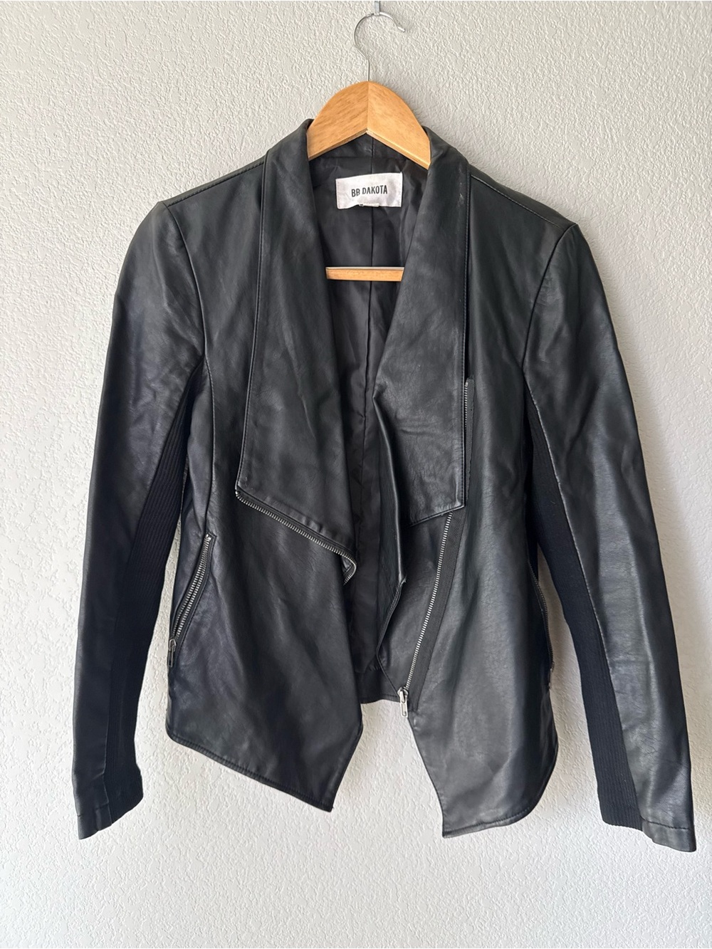 BB Dakota Black Faux Leather Draped Moto Jacket